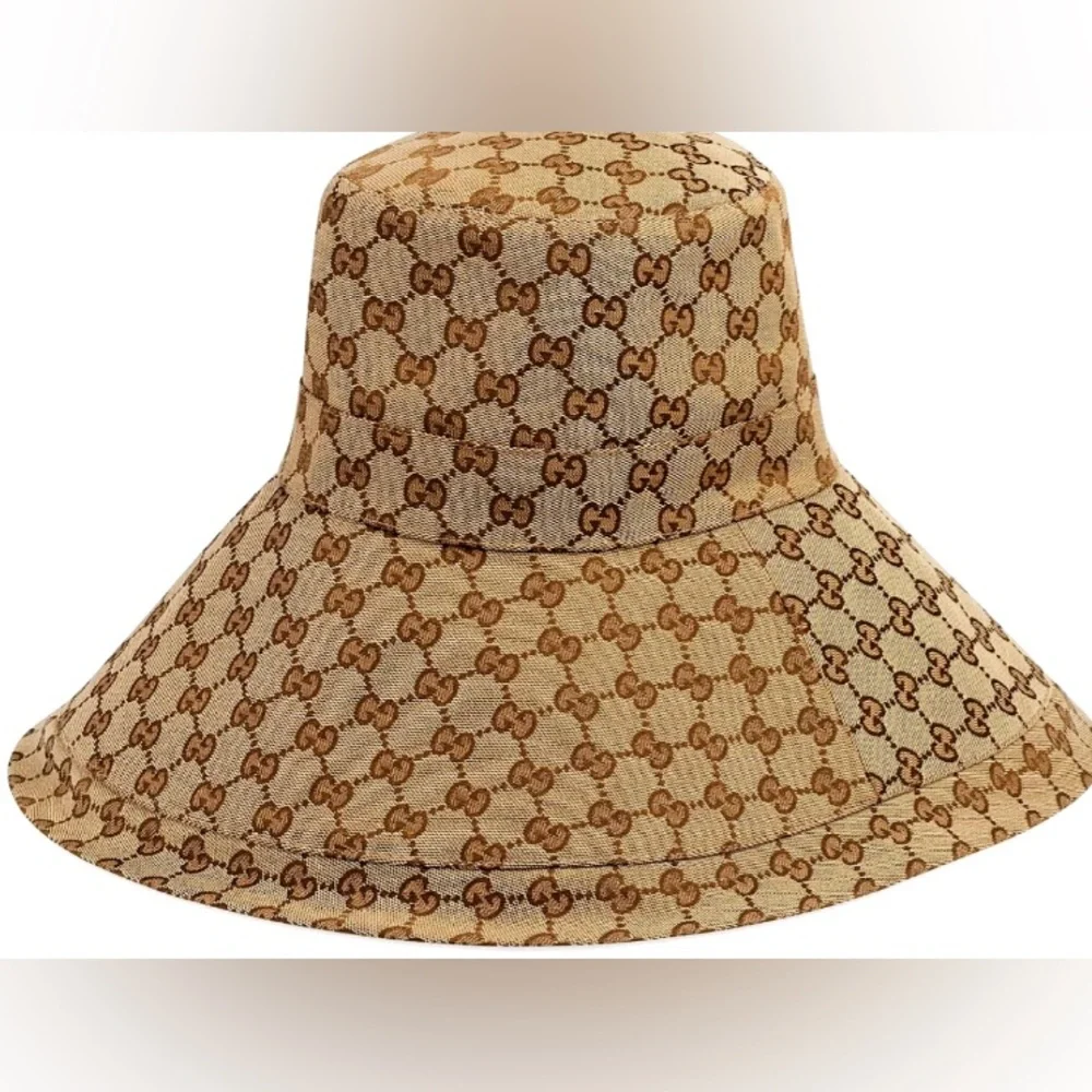 Beige Monogram Wide Brim Large Jacquard Bucket Hat Canvas Beach Sun Coverage New - Picture 12 of 16